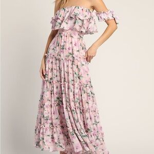 Chance for Us Blush Floral Off-the-Shoulder Ruffled Maxi Dress